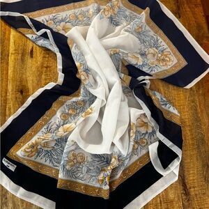 Miss Roula Italy white Navy and Gold Scarf 42 inch square scarf semi sheer